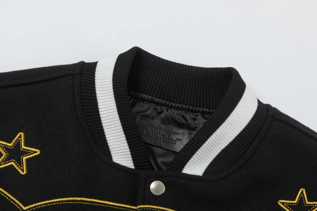 S29#P676, off white 2024 autumn and winter new style heavy industry embroidery hot diamond stitched leather baseball jacket couple style color black size: S M L XL